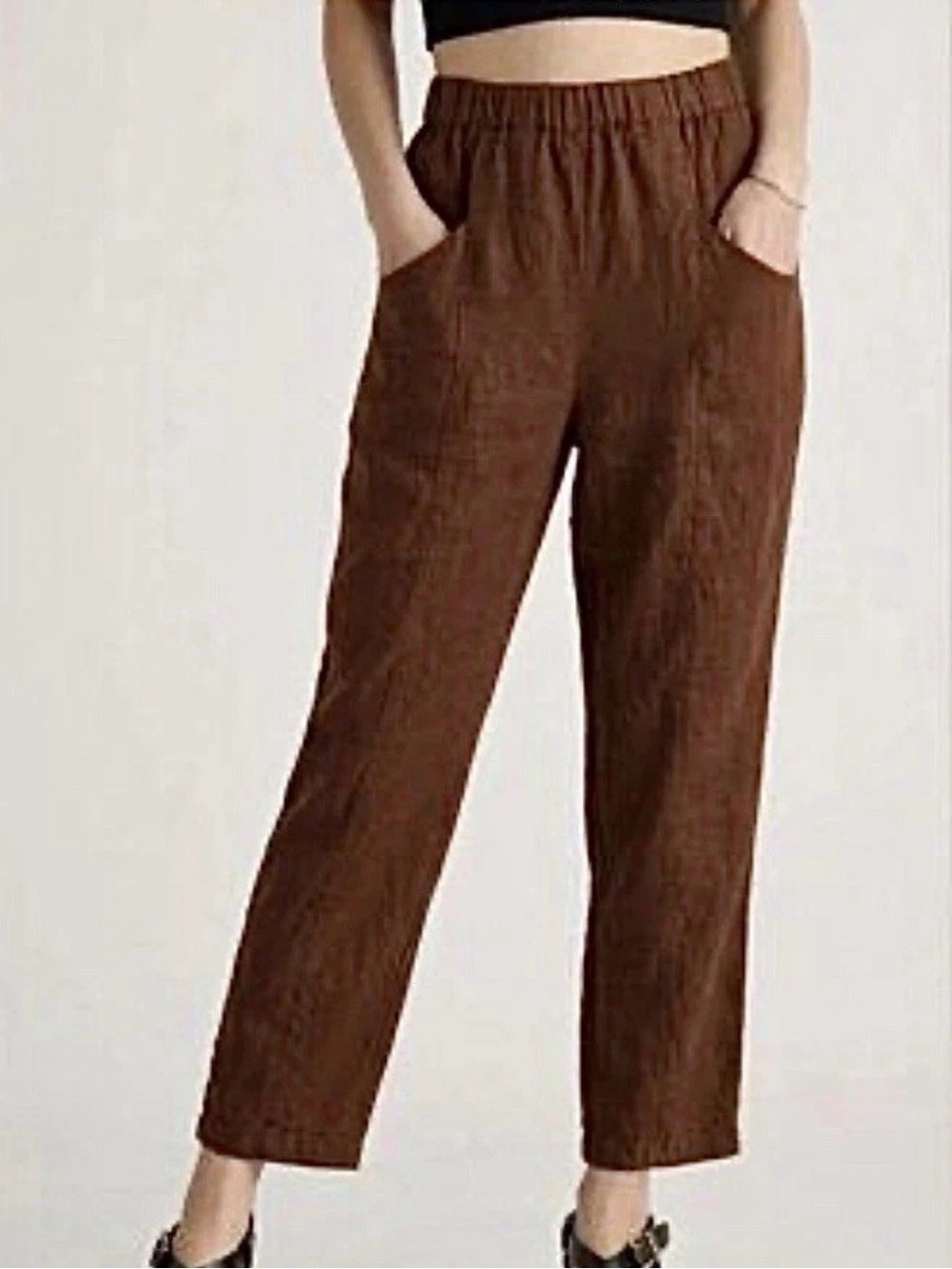 Quince 100% Linen Women's Brown Elastic-Waist Tapered Ankle Pants